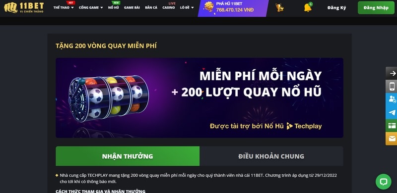 Khuyến mãi 11BET tặng 200 vòng quay may mắn mỗi ngày