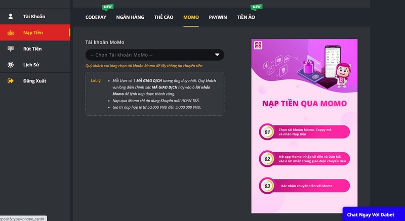 Momo là một trong các phương thức nạp mà nhà cái đang cung cấp
