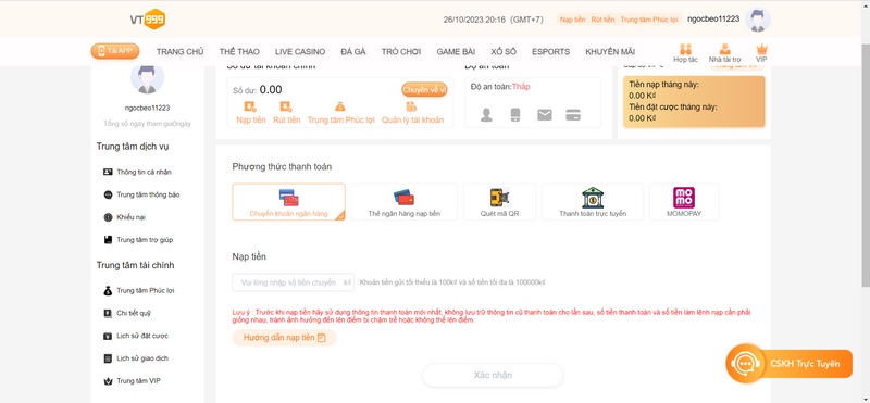 Phương thức thanh toán tại nhà cái VT999 đang cung cấp